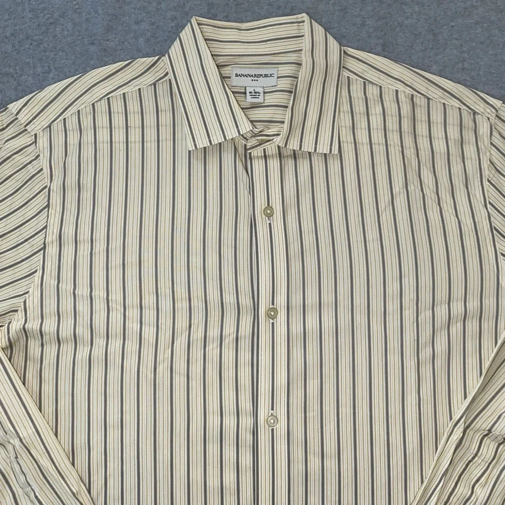 Banana Republic Button Up Shirt Men's L 16-16.5 Yellow Gray‎ Stripe Long Sleeve